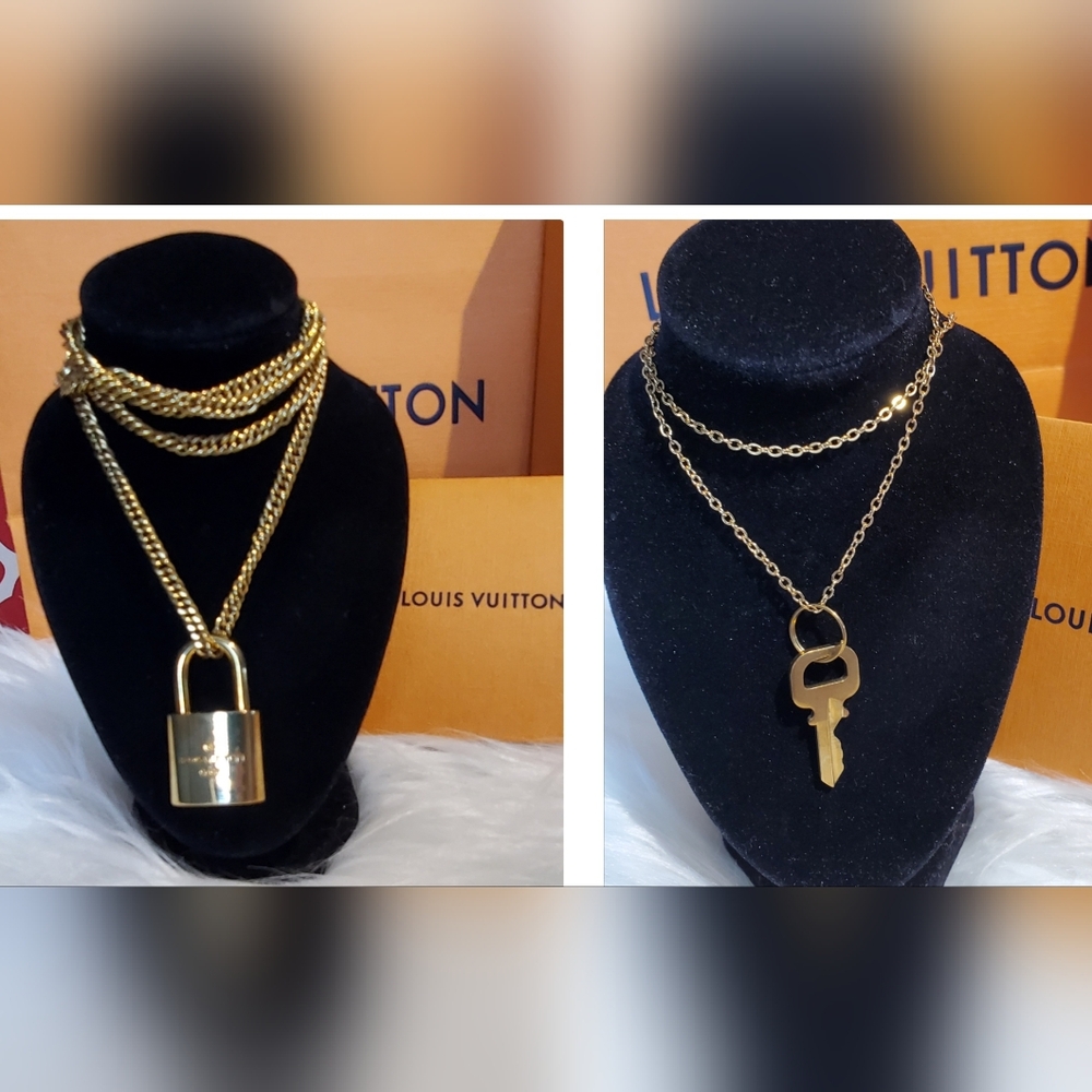 Two (2) Louis Vuitton Gold Padlock and Key Necklace #311